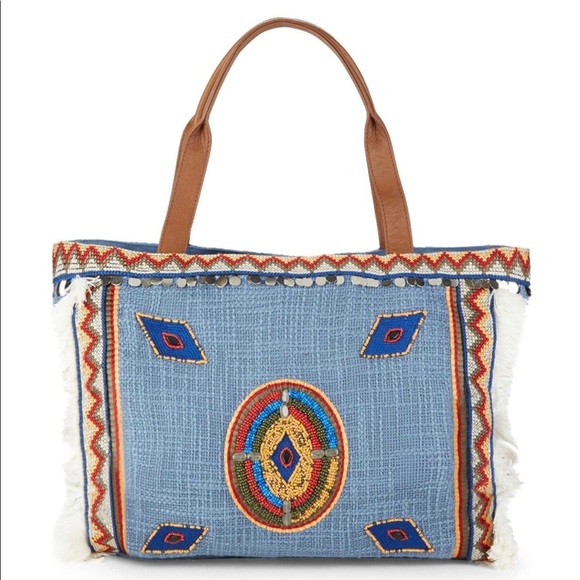 NWT Sam Edelman Denim Tote Bag With Vibrant Geometric Shape Trim - Picture 11 of 14